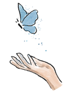 Illustration:  main qui laisse s’envoler un papillon bleu magique. 
Chryartis